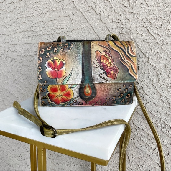 ANUSCHKA Butterfly Flower Floral Striped Hand-Painted Leather Flap Crossbody Bag